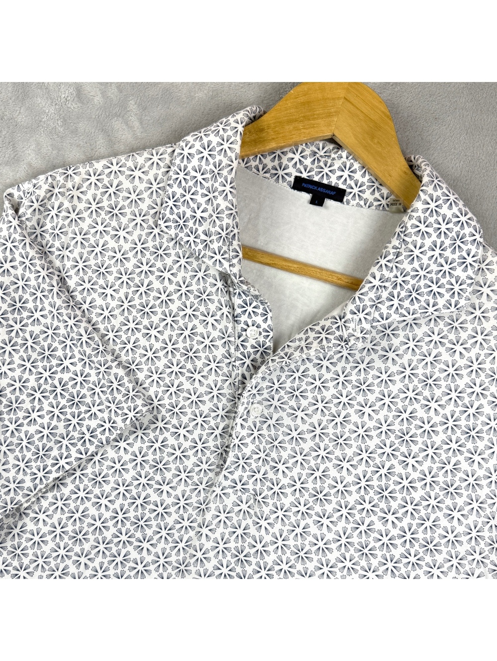 Patrick Assaraf Men L Pattern Polo Shirt White Gray Pima Cotton Stretch H+1 Prep